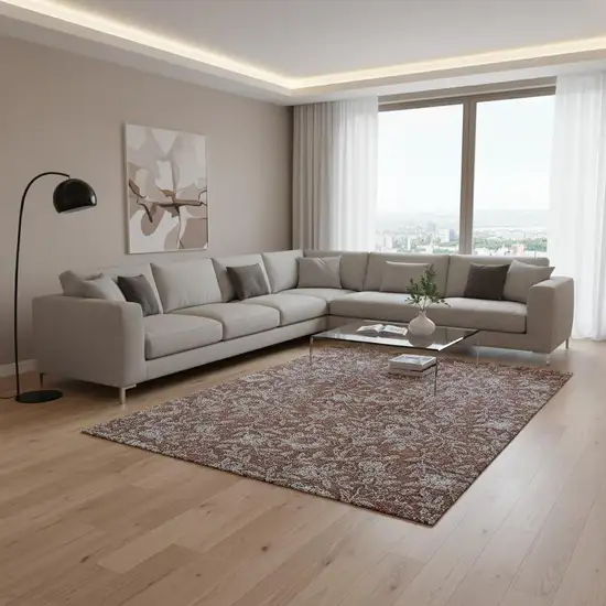 Rust And Gray Floral Washable Area Rug With UV Protection Photo 2