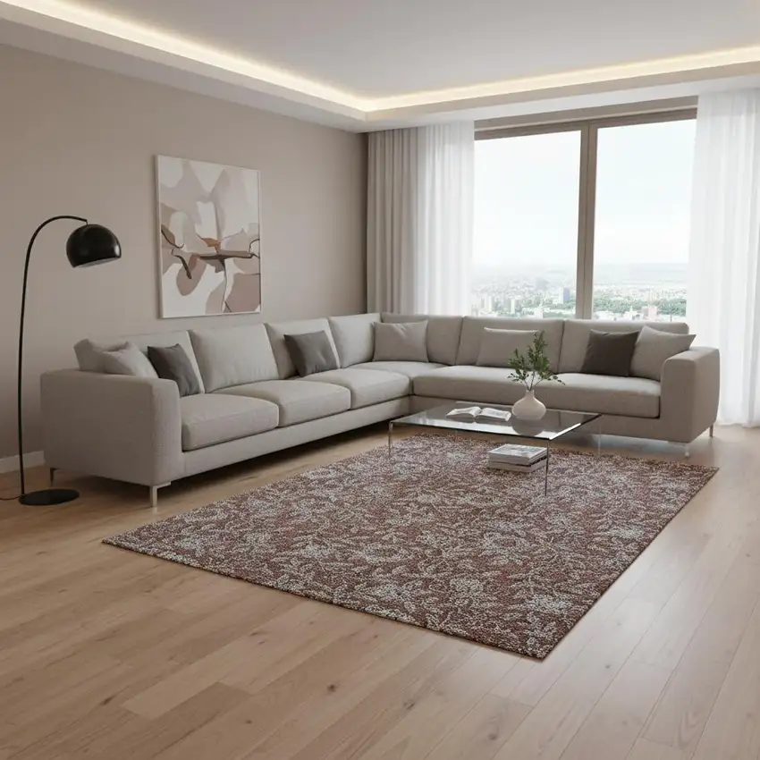 Rust And Gray Floral Washable Area Rug With UV Protection Photo 2