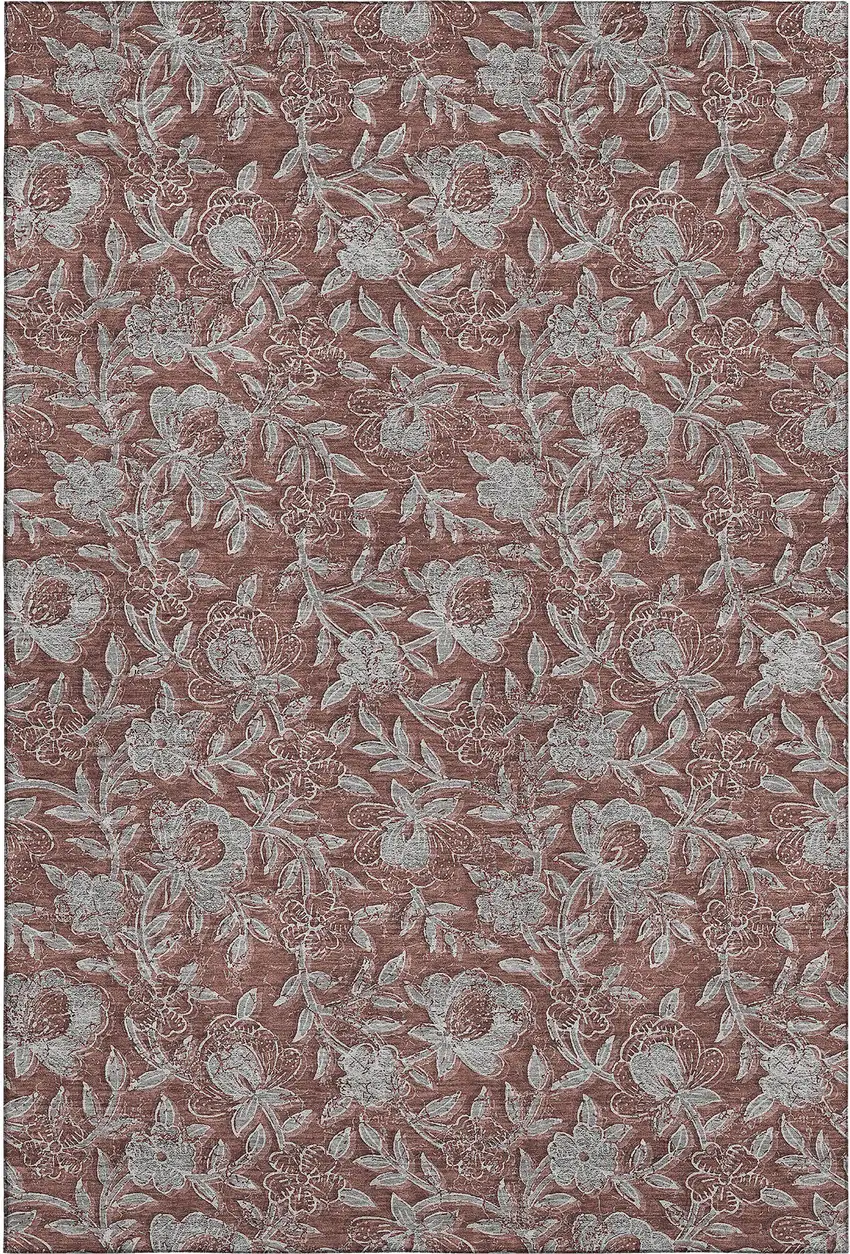 Rust And Gray Floral Washable Area Rug With UV Protection Photo 1