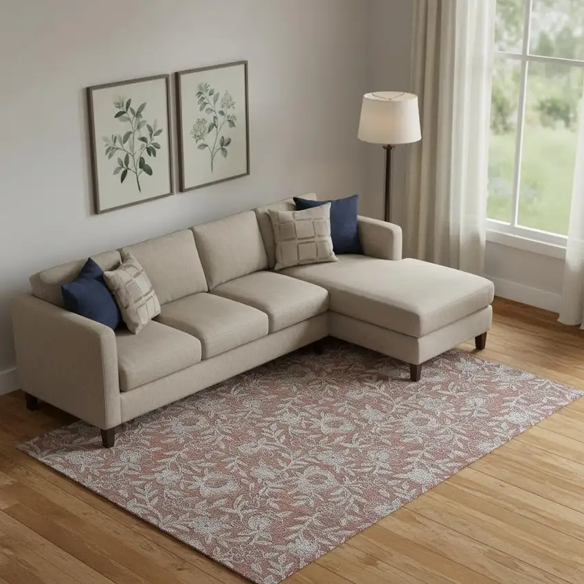 Rust And Gray Floral Washable Area Rug With UV Protection Photo 1