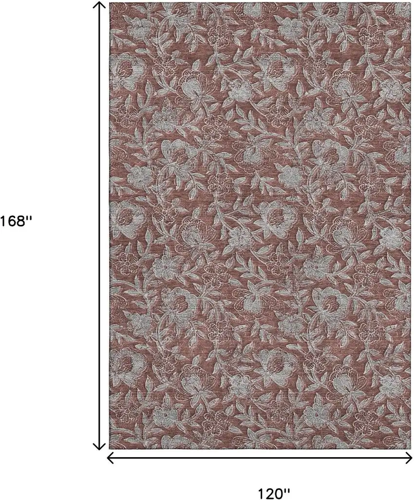 Rust And Gray Floral Washable Area Rug With UV Protection Photo 3