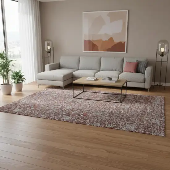 Rust And Gray Floral Washable Area Rug With UV Protection Photo 2