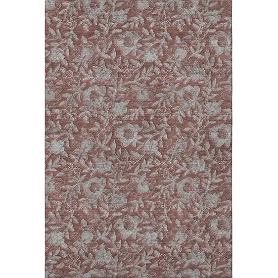Rust And Gray Floral Washable Area Rug With UV Protection Photo 4