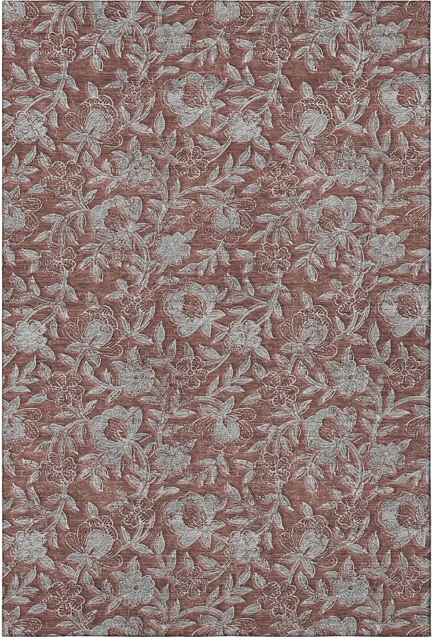 Rust And Gray Floral Washable Area Rug With UV Protection Photo 4