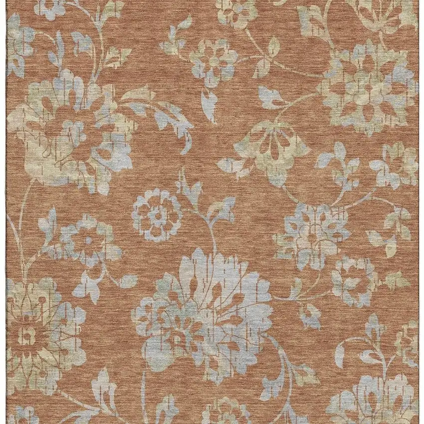 Rust And Gray Floral Washable Area Rug With UV Protection Photo 4
