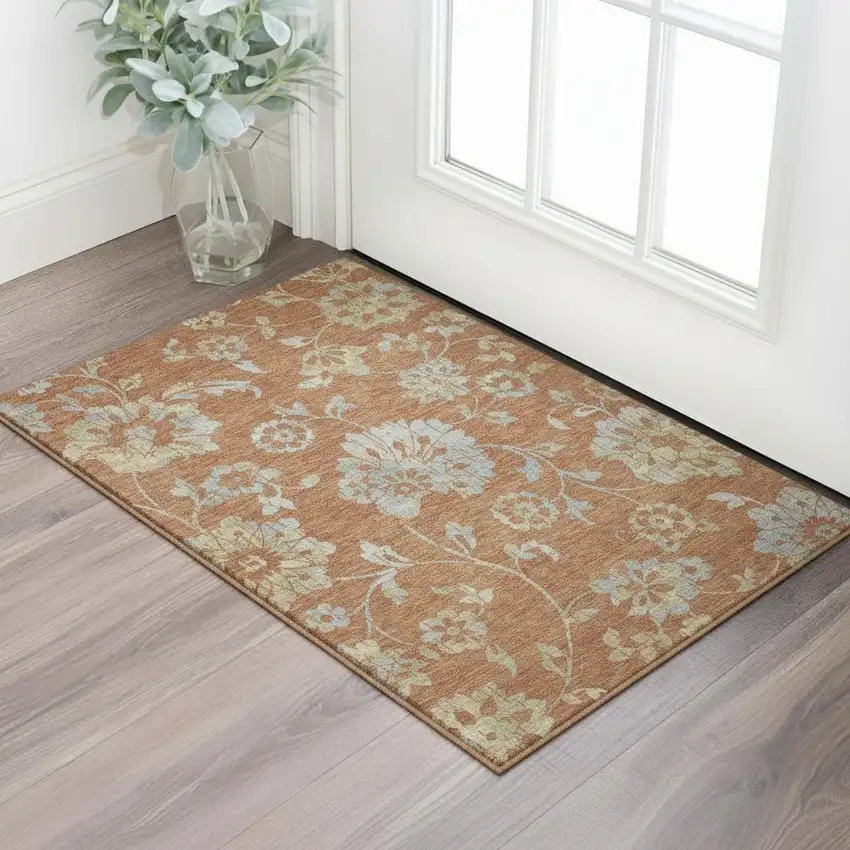 Rust And Gray Floral Washable Area Rug With UV Protection Photo 2