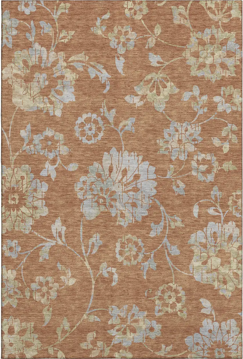 Rust And Gray Floral Washable Area Rug With UV Protection Photo 1