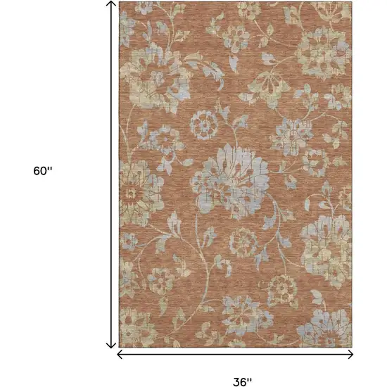 Rust And Gray Floral Washable Area Rug With UV Protection Photo 3