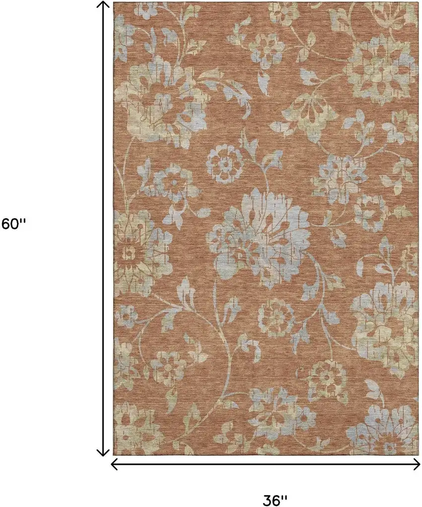 Rust And Gray Floral Washable Area Rug With UV Protection Photo 3