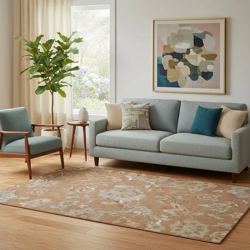 Rust And Gray Floral Washable Area Rug With UV Protection Photo 1