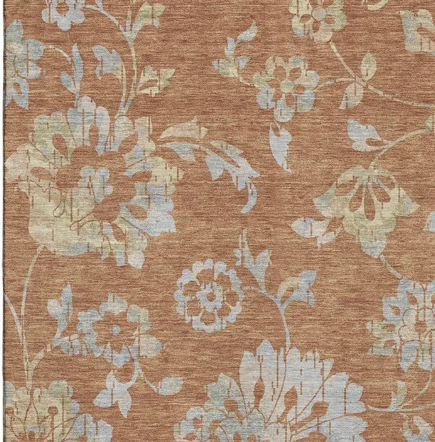 Rust And Gray Floral Washable Area Rug With UV Protection Photo 3
