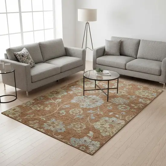 Rust And Gray Floral Washable Area Rug With UV Protection Photo 2