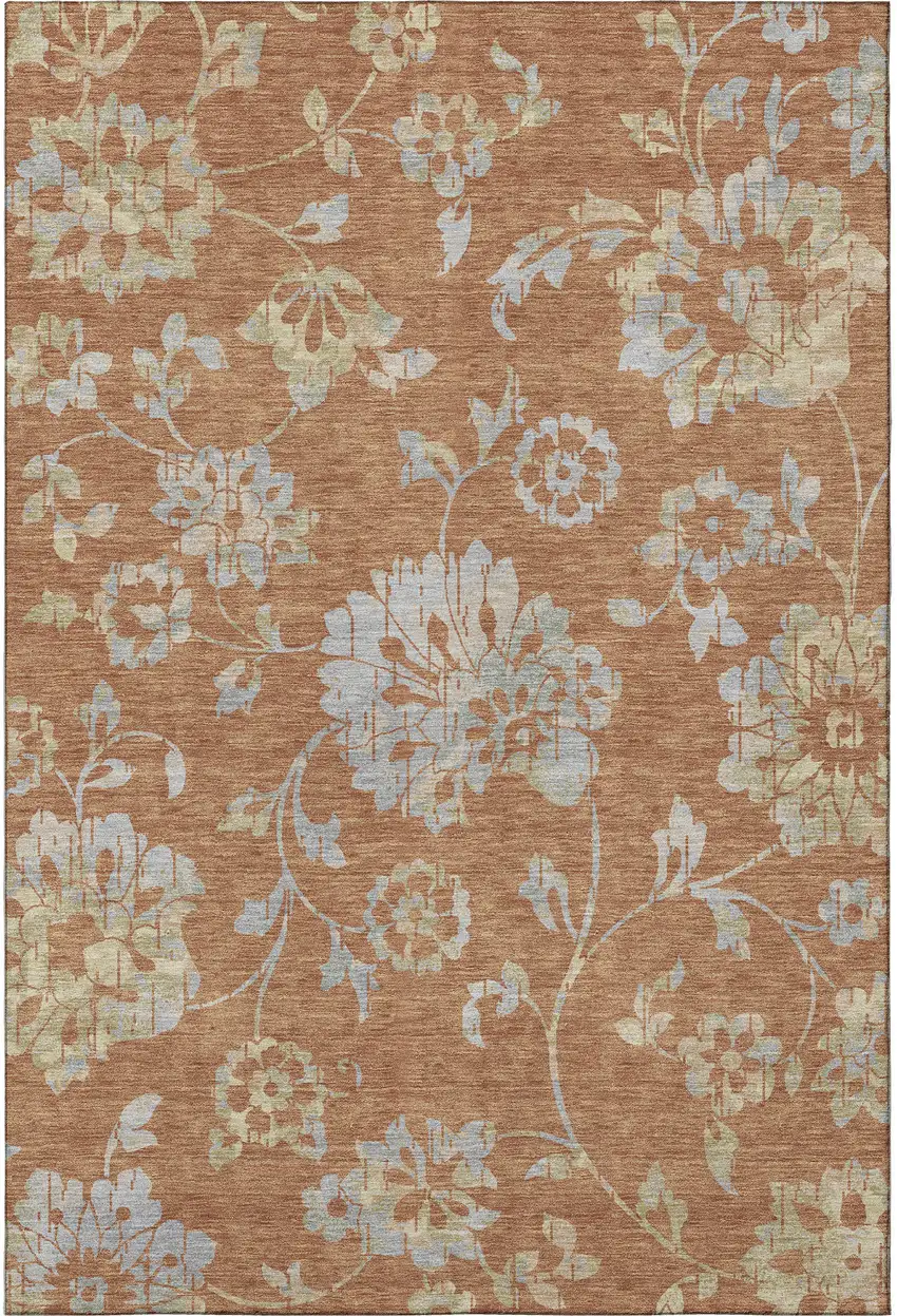 Rust And Gray Floral Washable Area Rug With UV Protection Photo 4