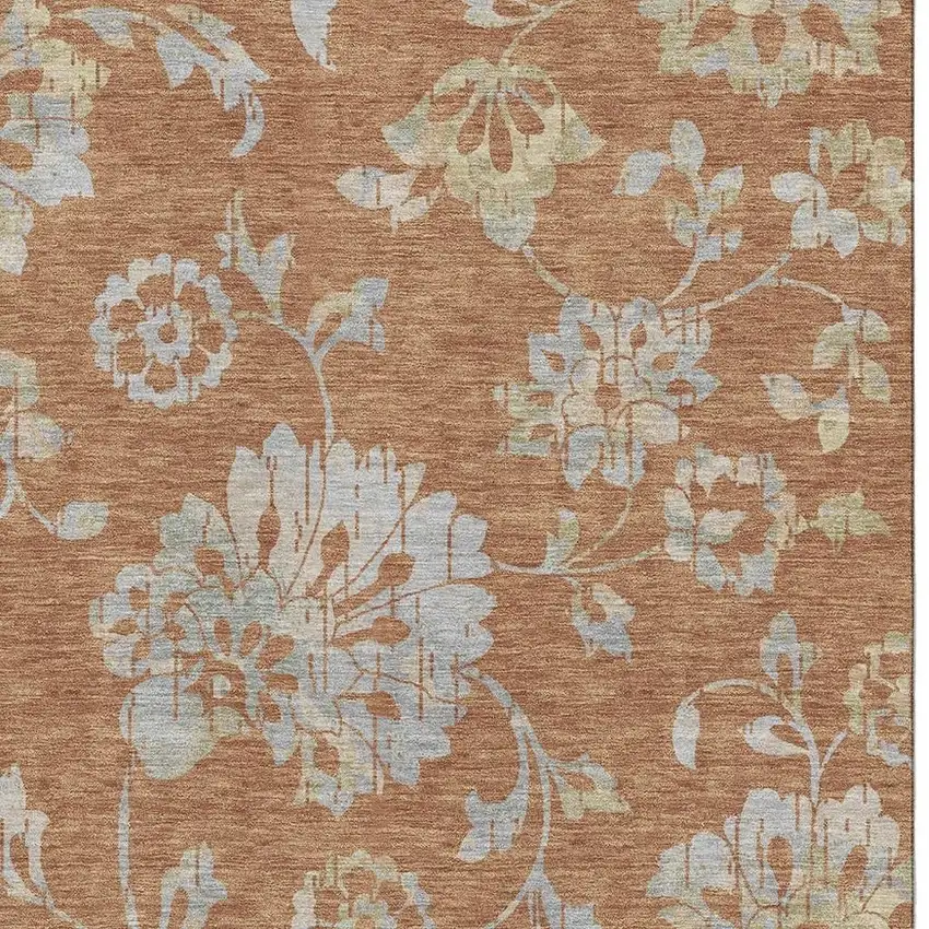 Rust And Gray Floral Washable Area Rug With UV Protection Photo 3