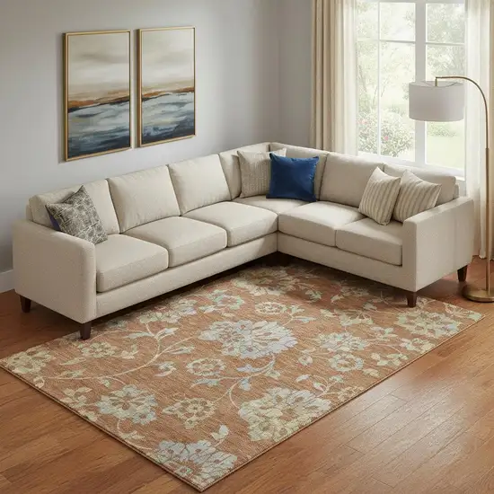 Rust And Gray Floral Washable Area Rug With UV Protection Photo 1