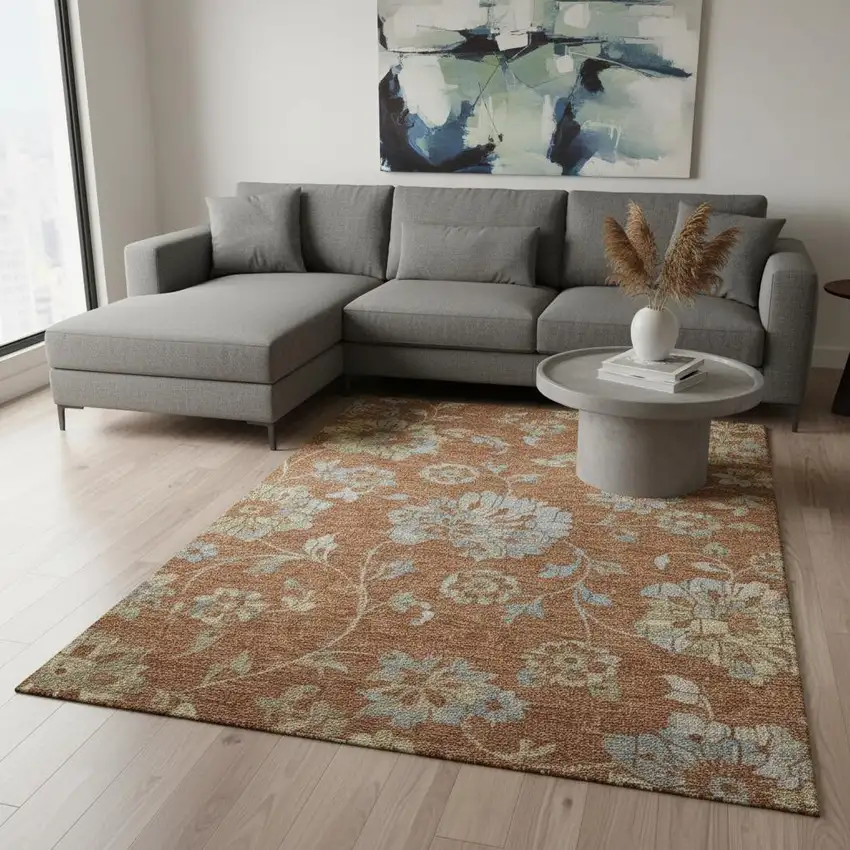 Rust And Gray Floral Washable Area Rug With UV Protection Photo 2