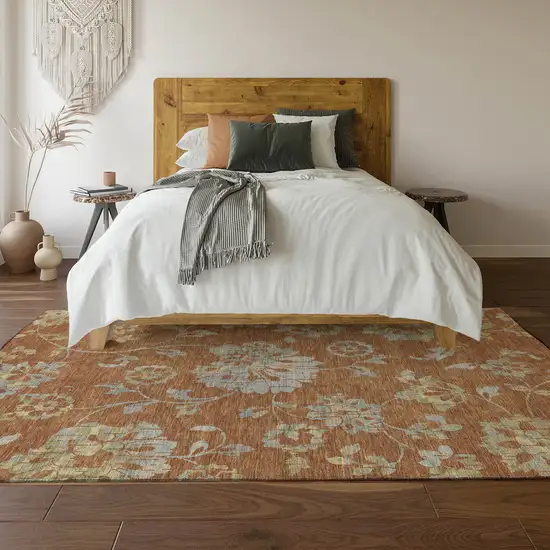Rust And Gray Floral Washable Area Rug With UV Protection Photo 6
