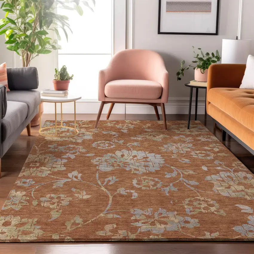 Rust And Gray Floral Washable Area Rug With UV Protection Photo 4