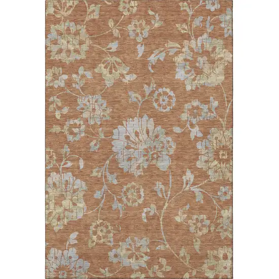 Rust And Gray Floral Washable Area Rug With UV Protection Photo 3