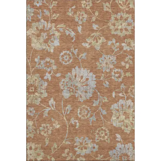 Rust And Gray Floral Washable Area Rug With UV Protection Photo 1