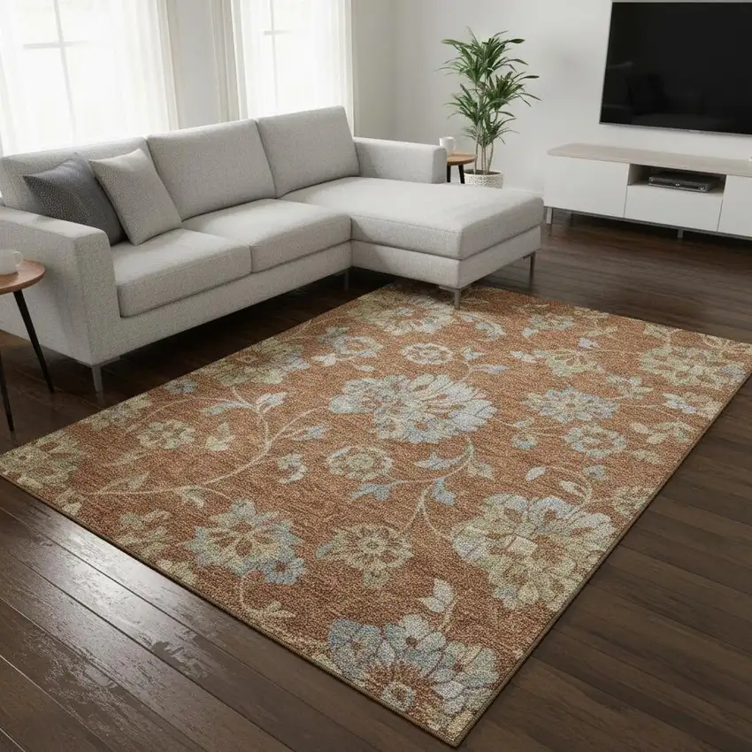 Rust And Gray Floral Washable Area Rug With UV Protection Photo 2