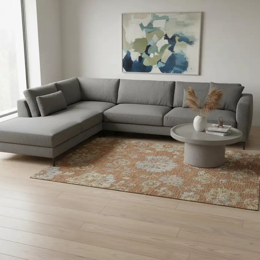 Rust And Gray Floral Washable Area Rug With UV Protection Photo 2