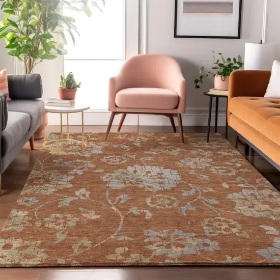 Rust And Gray Floral Washable Area Rug With UV Protection Photo 5