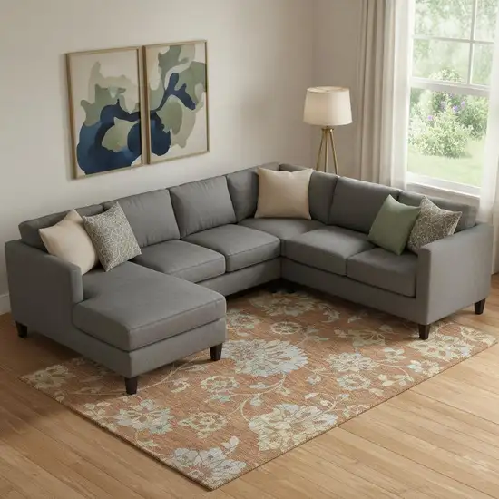 Rust And Gray Floral Washable Area Rug With UV Protection Photo 1