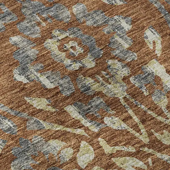 Rust And Gray Floral Washable Area Rug With UV Protection Photo 9