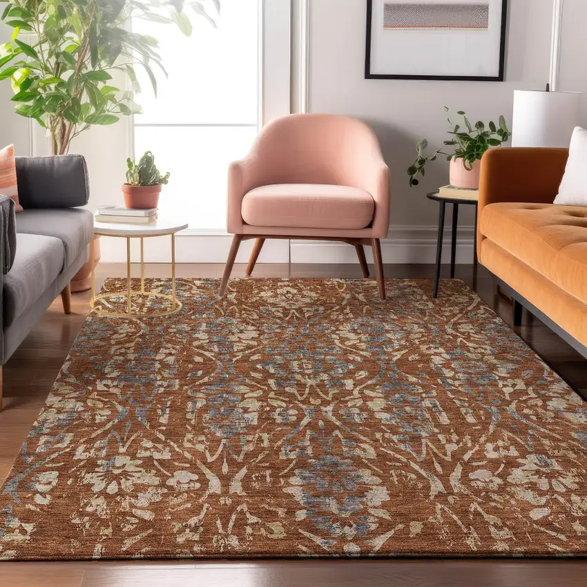 Rust And Gray Floral Washable Area Rug With UV Protection Photo 4