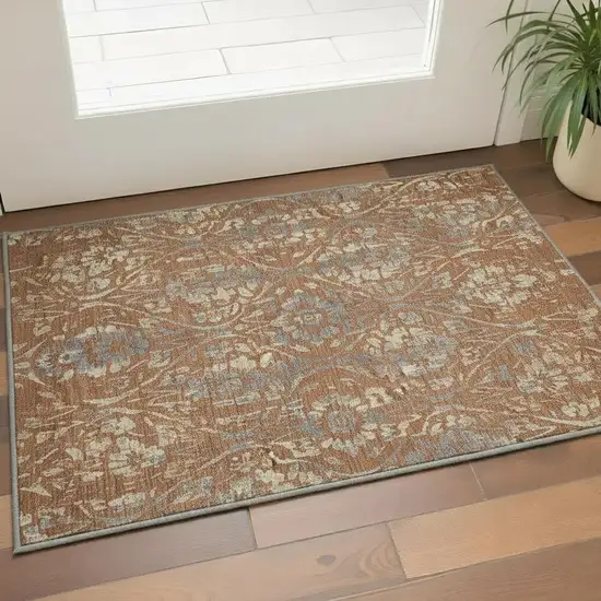 Rust And Gray Floral Washable Area Rug With UV Protection Photo 2