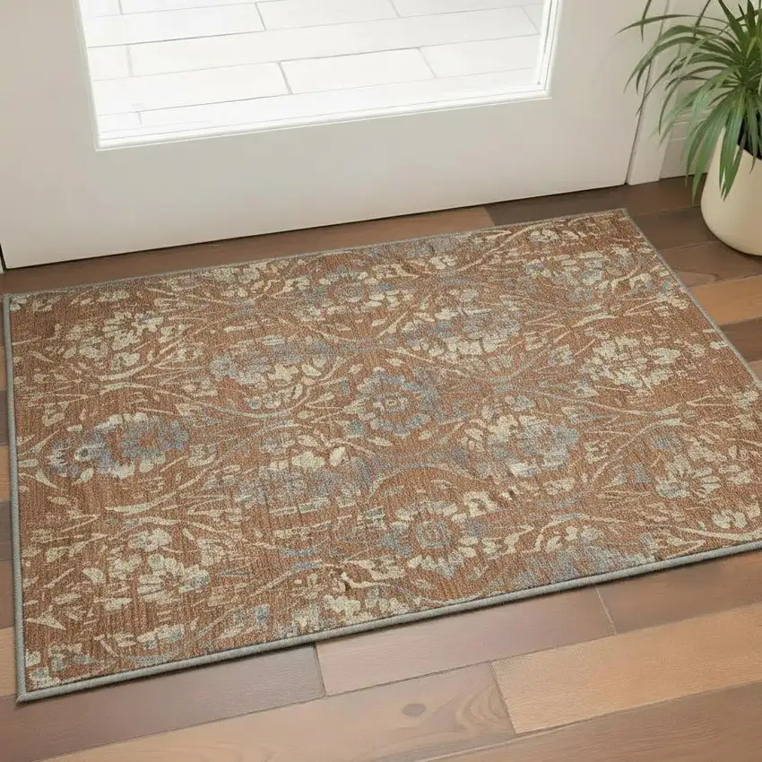 Rust And Gray Floral Washable Area Rug With UV Protection Photo 2