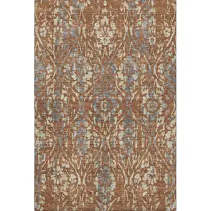Photo of Rust And Gray Floral Washable Area Rug With UV Protection