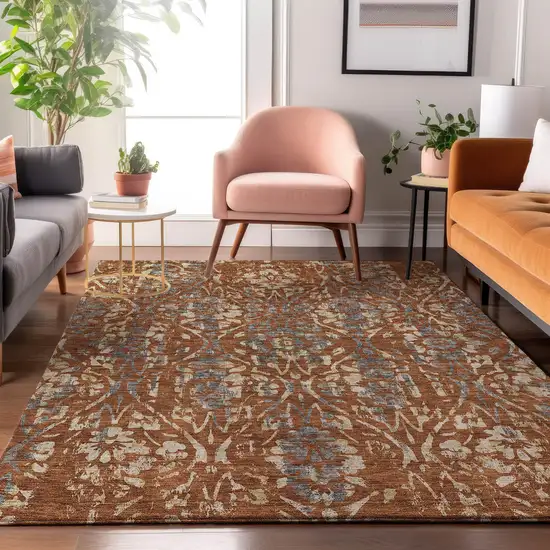 Rust And Gray Floral Washable Area Rug With UV Protection Photo 4