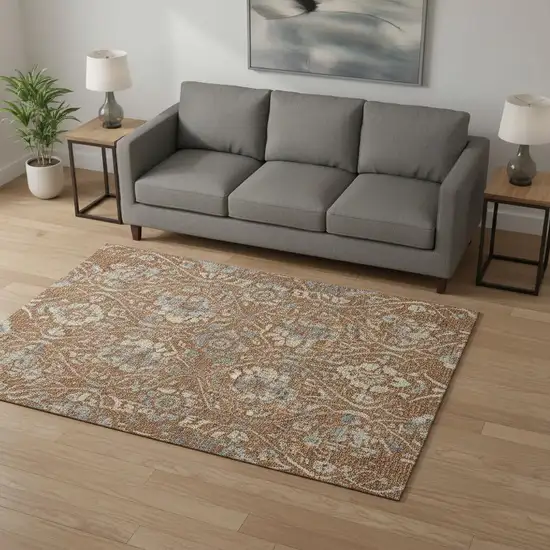 Rust And Gray Floral Washable Area Rug With UV Protection Photo 2