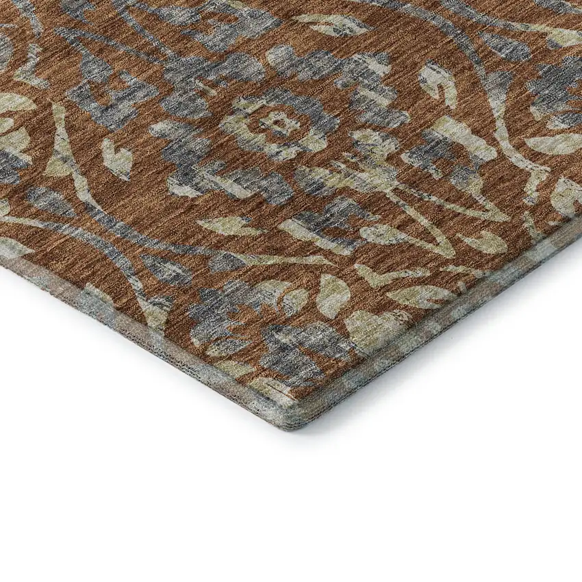 Rust And Gray Floral Washable Area Rug With UV Protection Photo 7