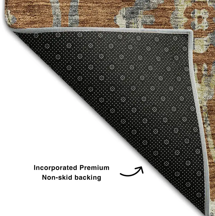 Rust And Gray Floral Washable Area Rug With UV Protection Photo 6
