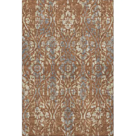 Rust And Gray Floral Washable Area Rug With UV Protection Photo 3