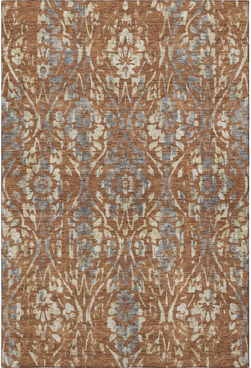 Rust And Gray Floral Washable Area Rug With UV Protection Photo 3
