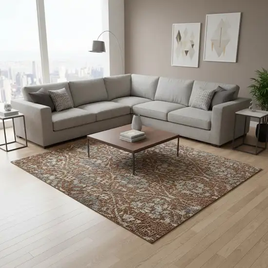 Rust And Gray Floral Washable Area Rug With UV Protection Photo 2