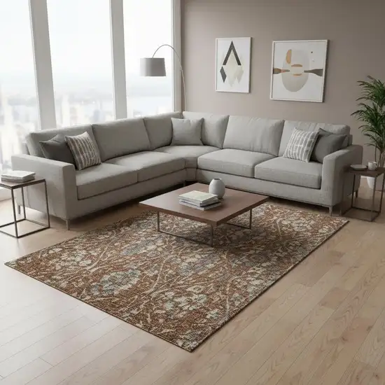 Rust And Gray Floral Washable Area Rug With UV Protection Photo 2