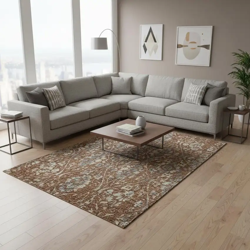 Rust And Gray Floral Washable Area Rug With UV Protection Photo 2