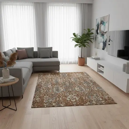 Rust And Gray Floral Washable Area Rug With UV Protection Photo 2