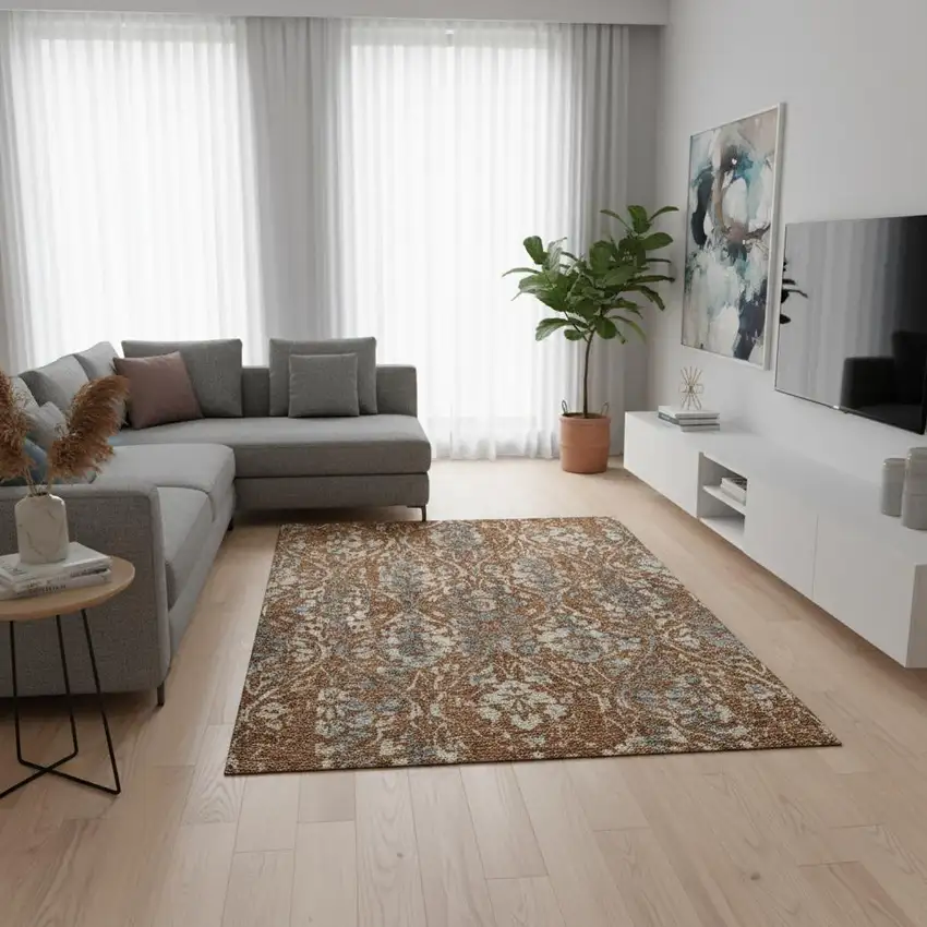 Rust And Gray Floral Washable Area Rug With UV Protection Photo 2