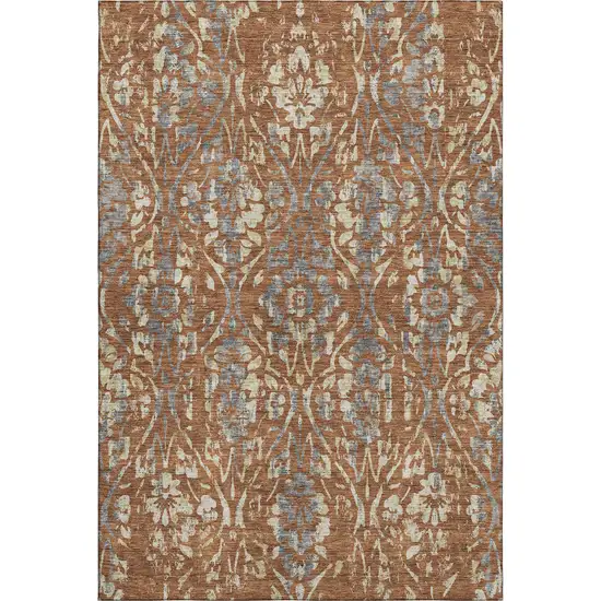 Rust And Gray Floral Washable Area Rug With UV Protection Photo 1