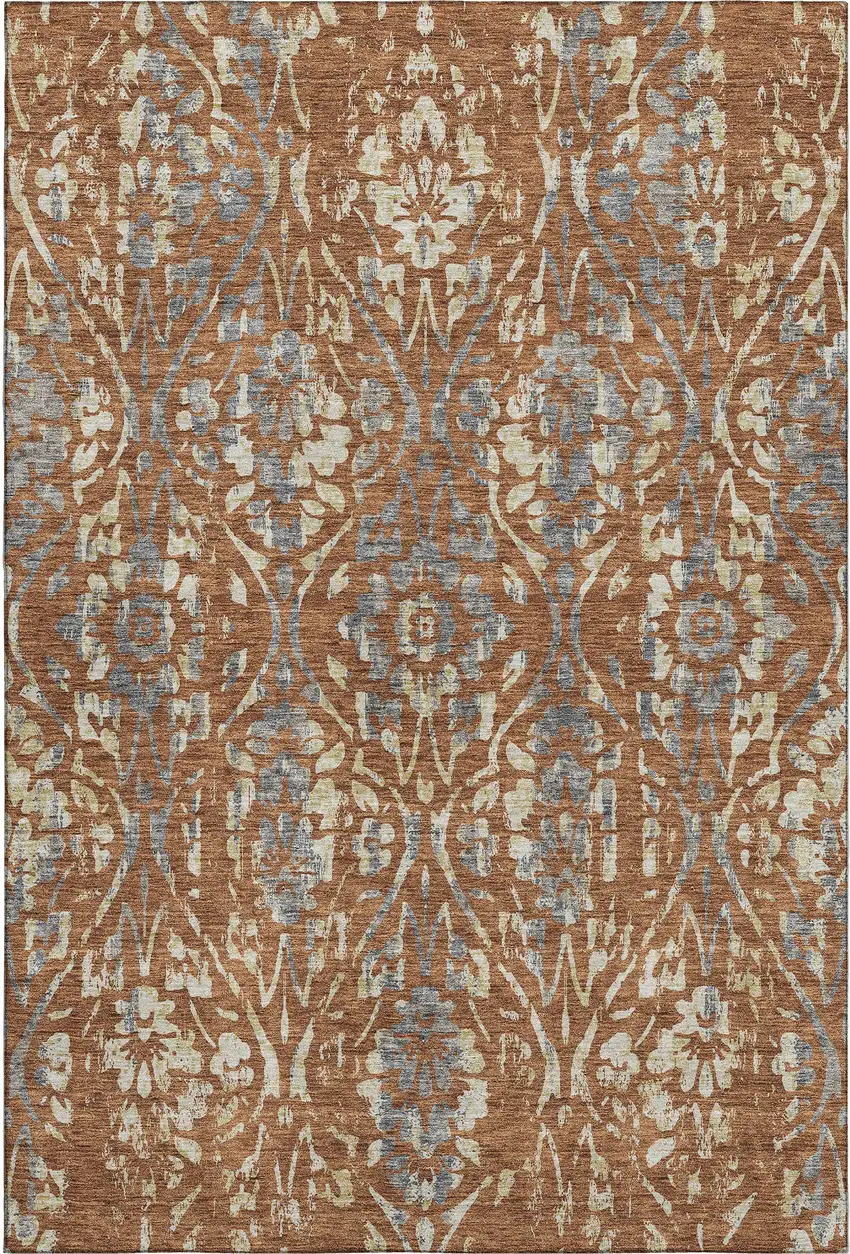 Rust And Gray Floral Washable Area Rug With UV Protection Photo 1