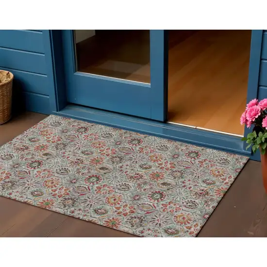 Rust And Gray Floral Washable Indoor Outdoor Area Rug Photo 2