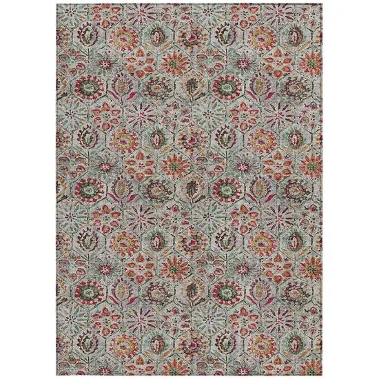 Rust And Gray Floral Washable Indoor Outdoor Area Rug Photo 3