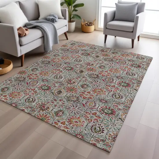 Rust And Gray Floral Washable Indoor Outdoor Area Rug Photo 6