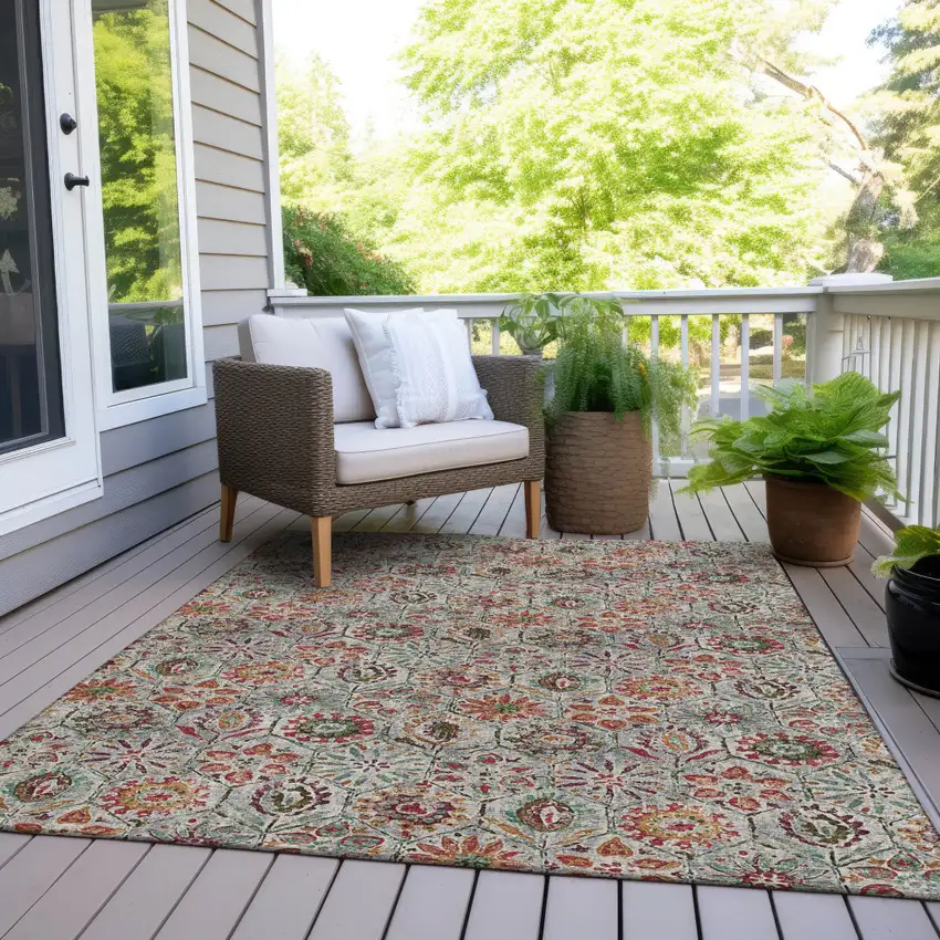 Rust And Gray Floral Washable Indoor Outdoor Area Rug Photo 8